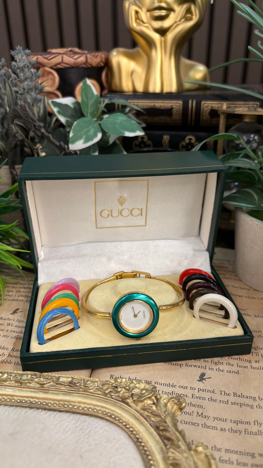 Extremely Rare Gucci Interchangeable Bezel Bangle Watch with Metal Bezel Set in Gold Tone Quartz Swiss