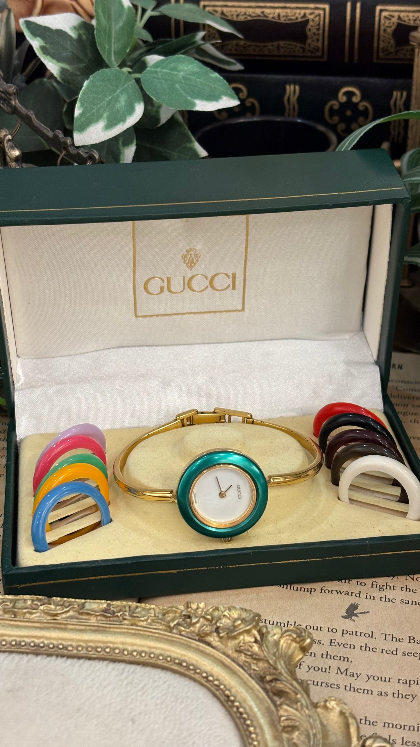 Extremely Rare Gucci Interchangeable Bezel Bangle Watch with Metal Bezel Set in Gold Tone Quartz Swiss