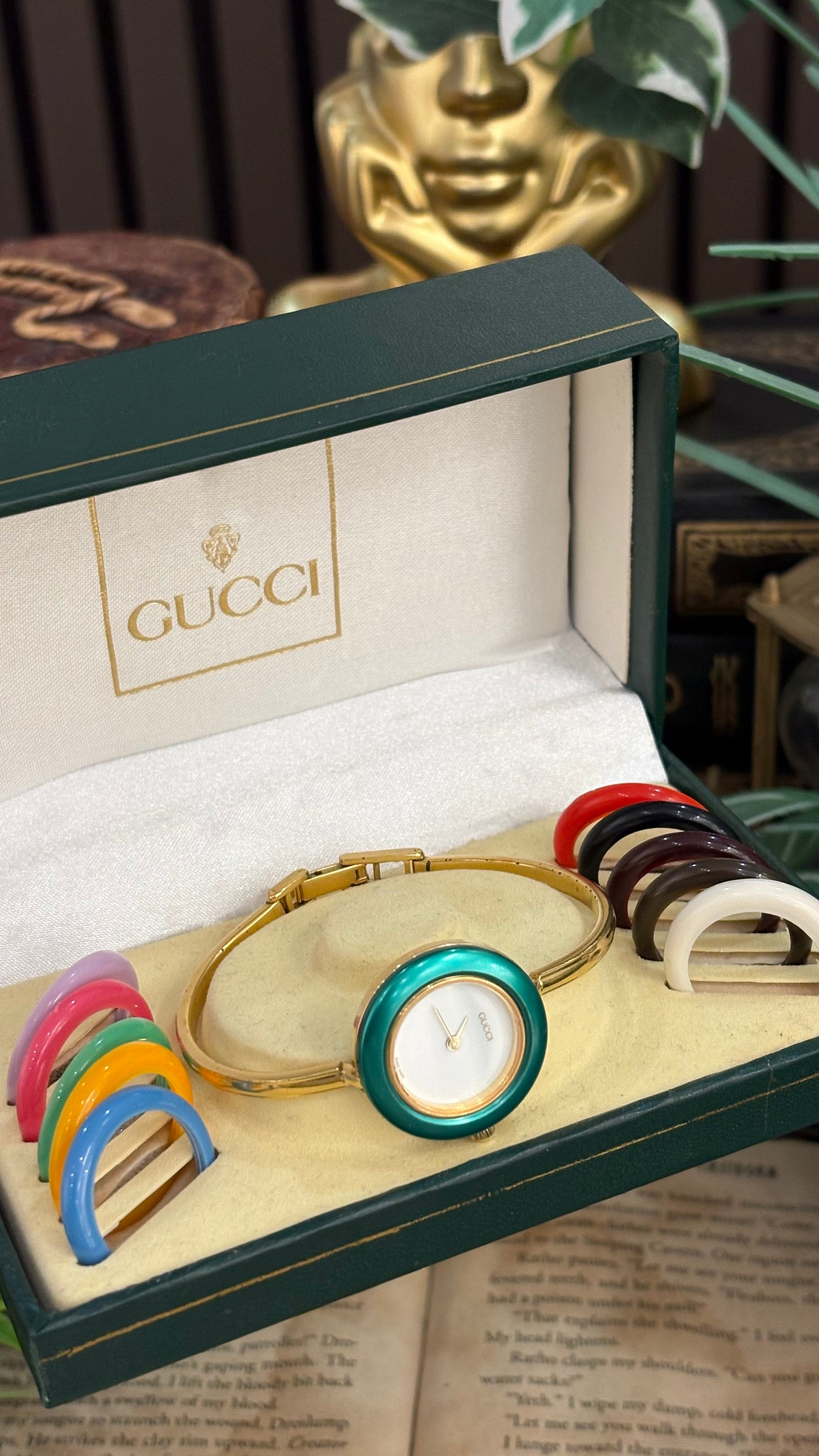 Extremely Rare Gucci Interchangeable Bezel Bangle Watch with Metal Bezel Set in Gold Tone Quartz Swiss