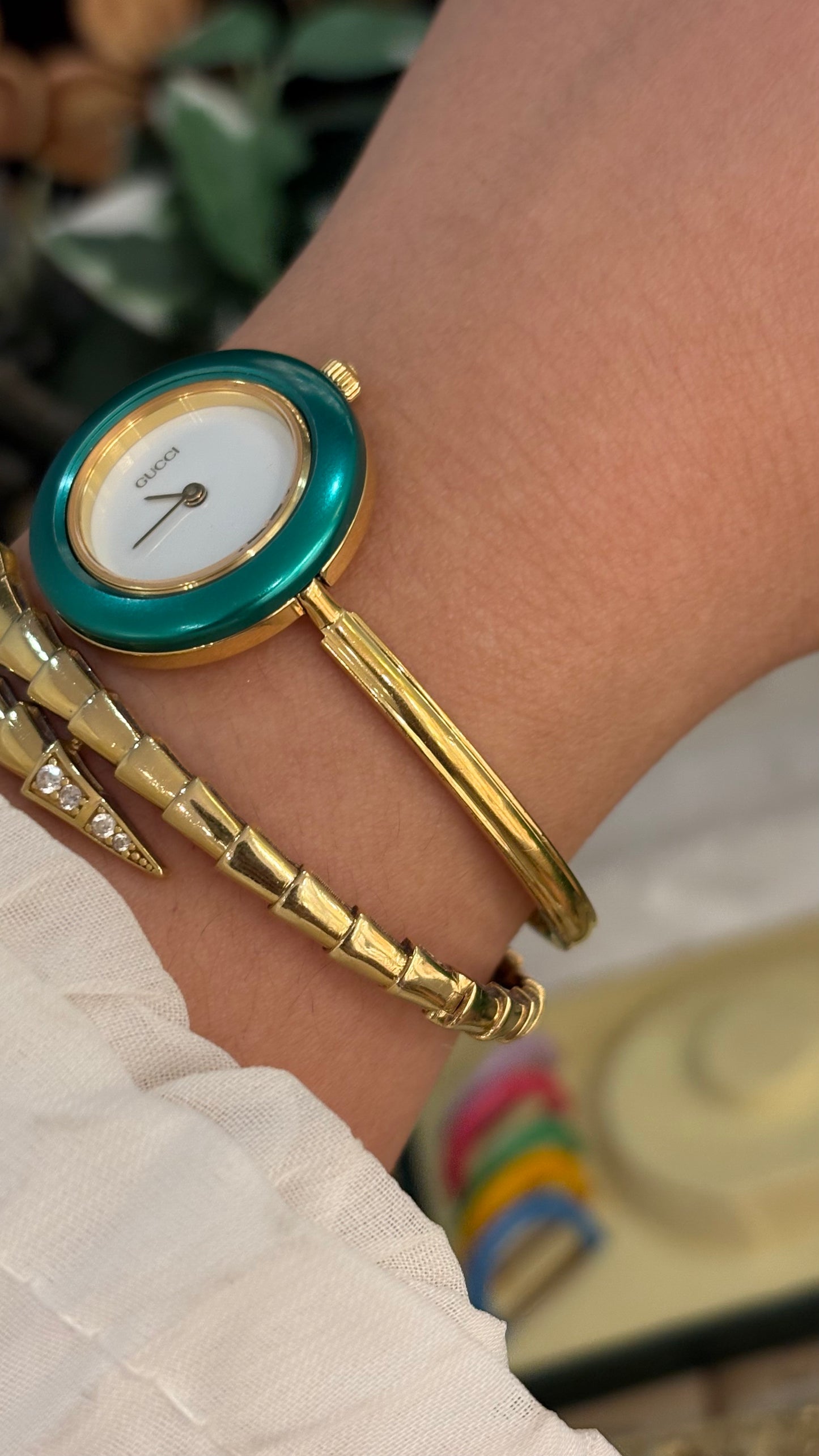 Extremely Rare Gucci Interchangeable Bezel Bangle Watch with Metal Bezel Set in Gold Tone Quartz Swiss