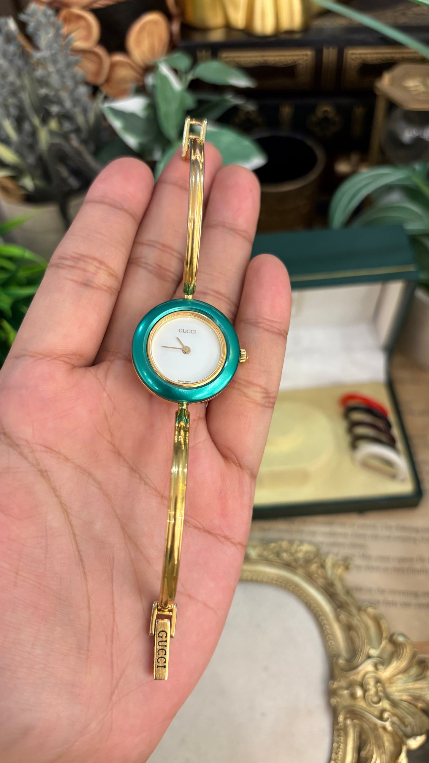 Extremely Rare Gucci Interchangeable Bezel Bangle Watch with Metal Bezel Set in Gold Tone Quartz Swiss