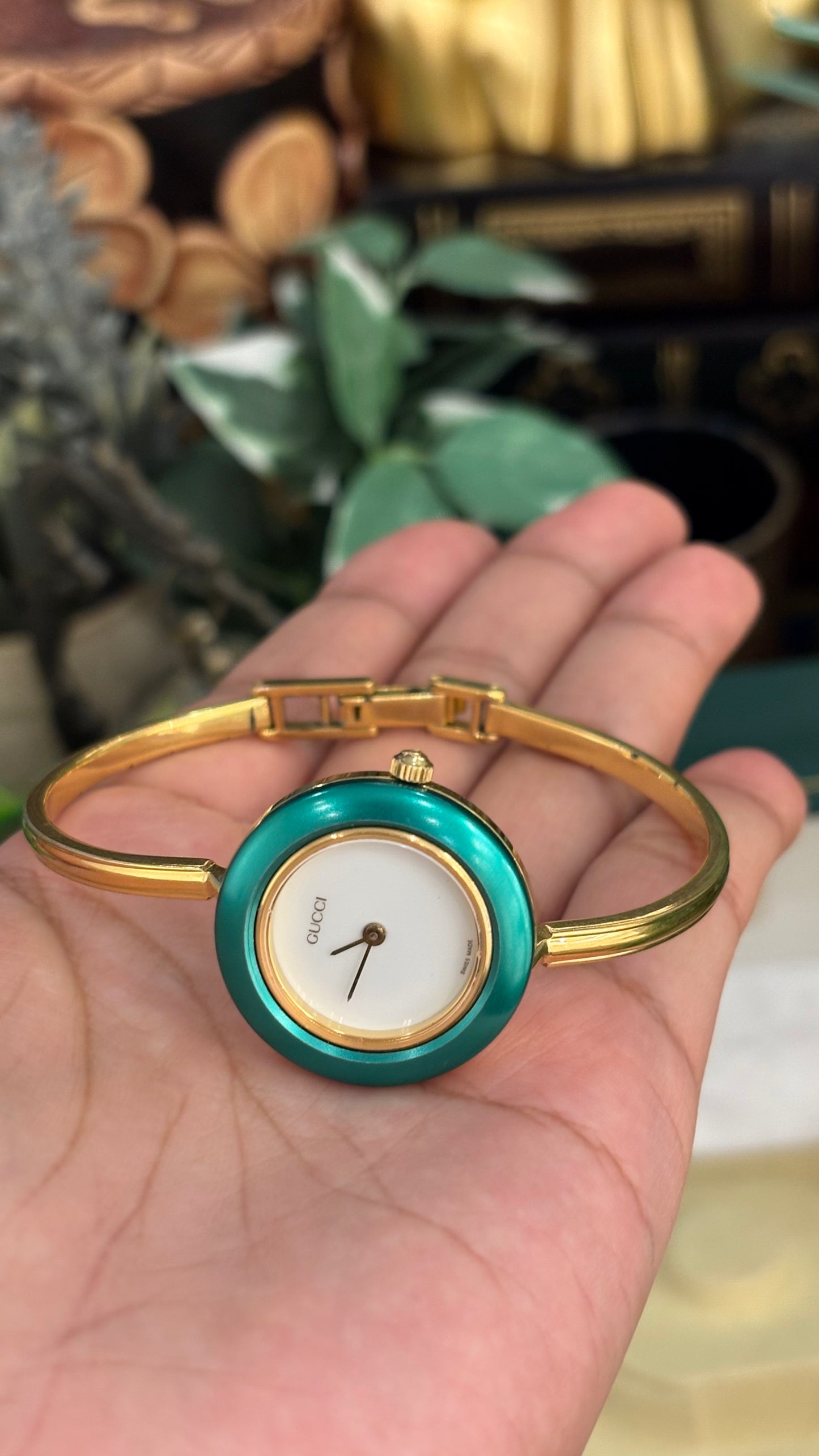 Extremely Rare Gucci Interchangeable Bezel Bangle Watch with Metal Bezel Set in Gold Tone Quartz Swiss