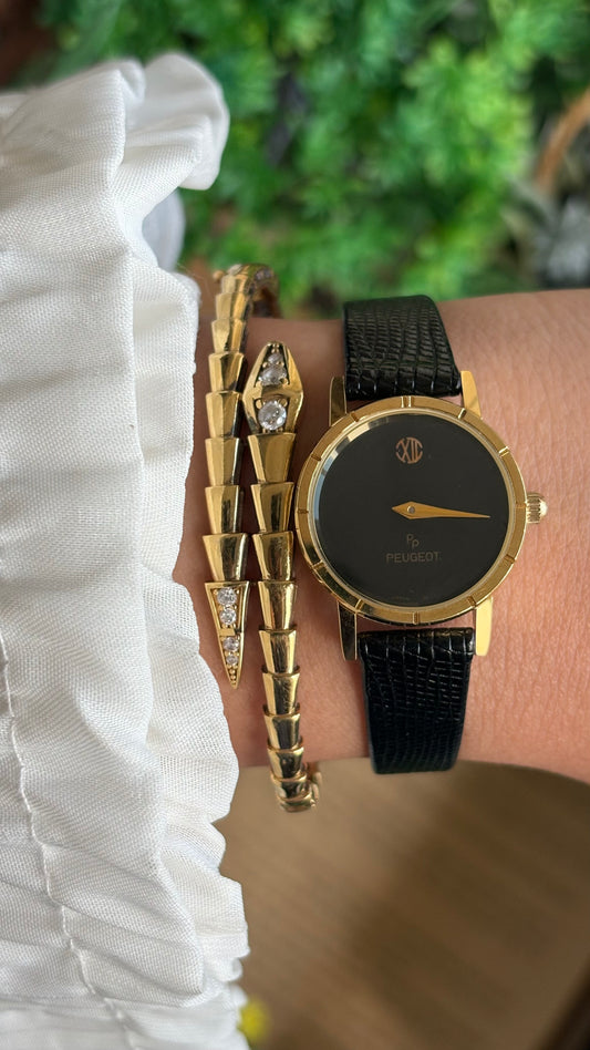 Vintage Peugeot Watch in Black Leather Strap Black Dial