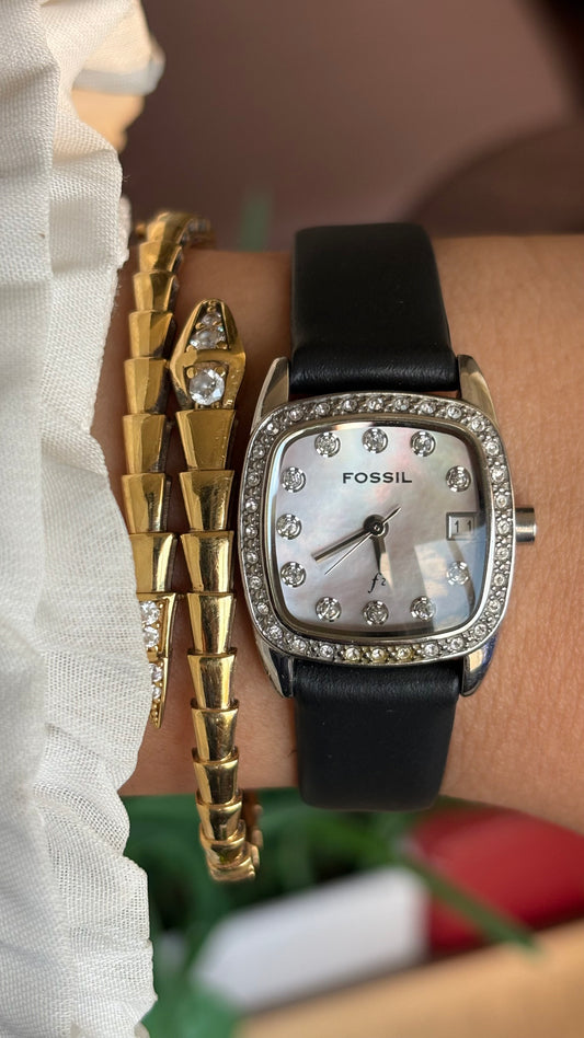 Vintage Fossil Bejeweled Watch in Black Leather Strap Mother of Pearl Dial with Date Just