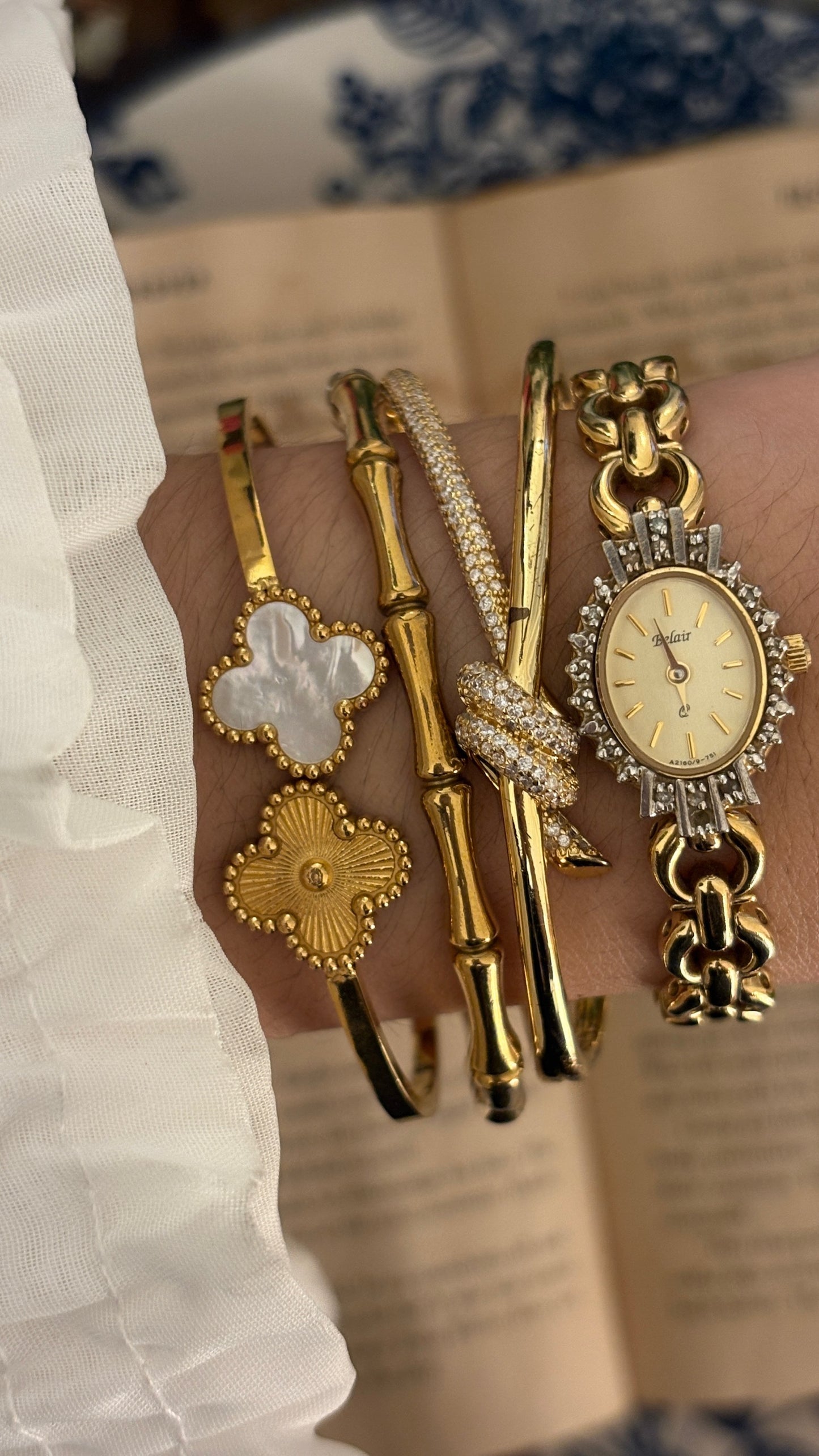 Rare Vintage Elegant Belair Bejeweled Bezel Bracelet Watch in Gold Tone Quartz