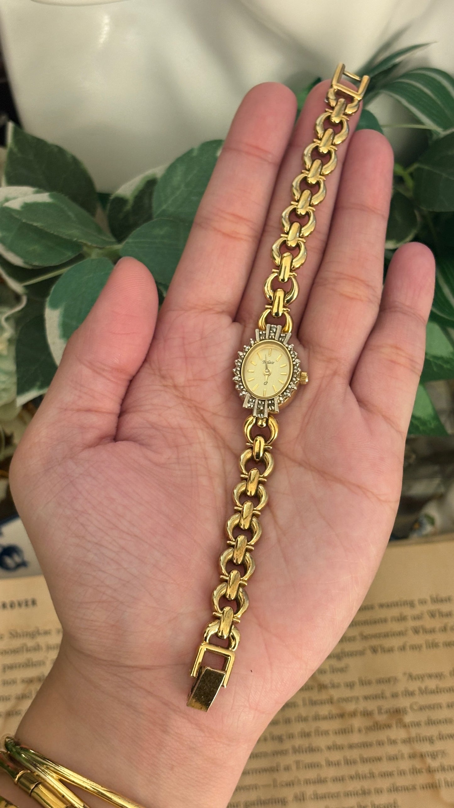 Rare Vintage Elegant Belair Bejeweled Bezel Bracelet Watch in Gold Tone Quartz