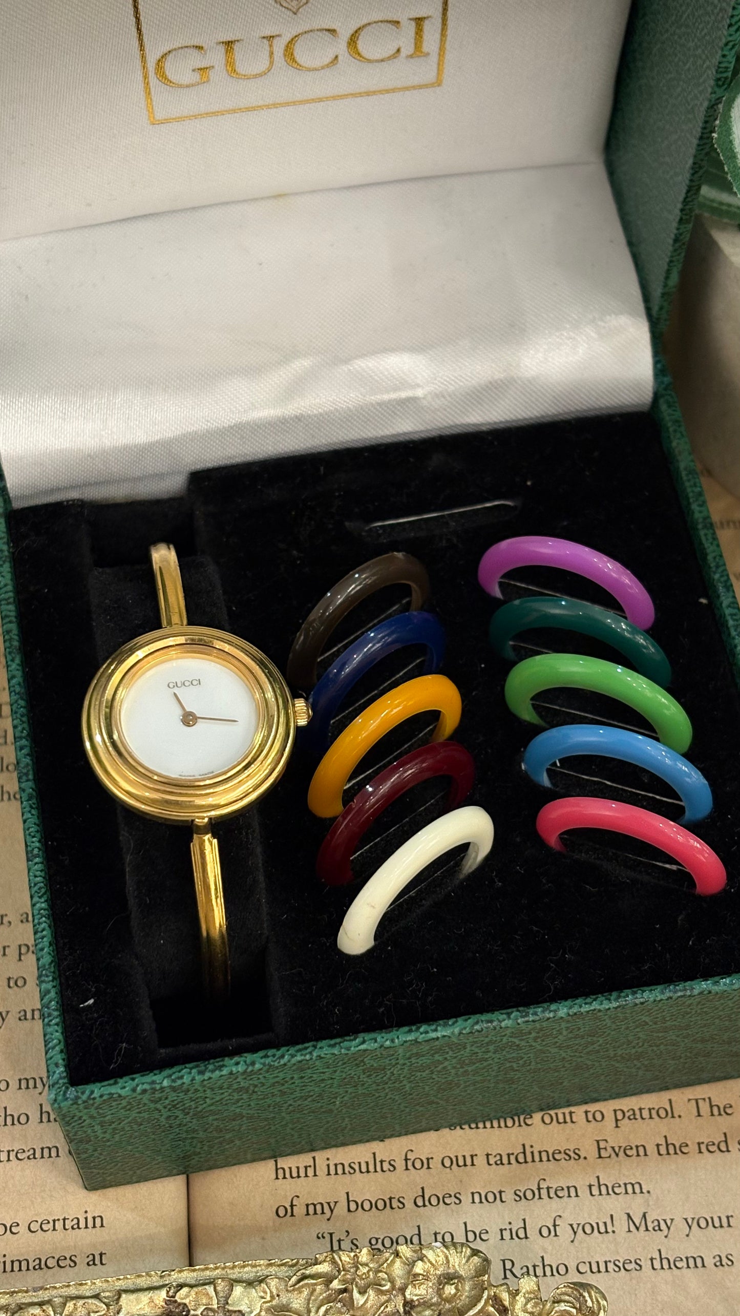 Extremely Rare Gucci Interchangeable Bezel Bangle Watch with Metal Bezel Set in Gold Tone Quartz Swiss