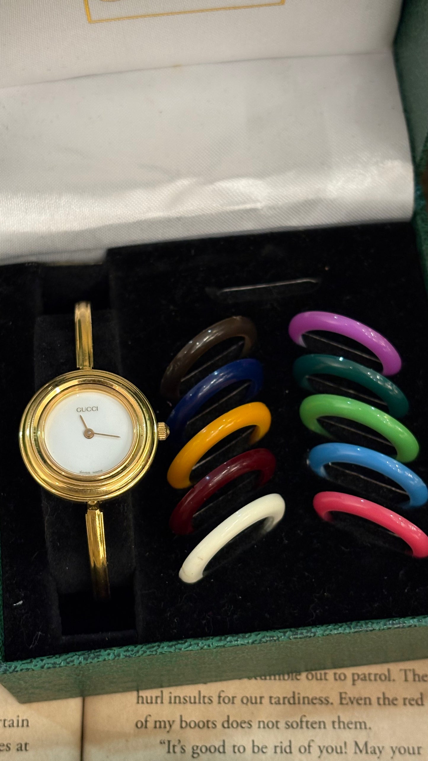 Extremely Rare Gucci Interchangeable Bezel Bangle Watch with Metal Bezel Set in Gold Tone Quartz Swiss