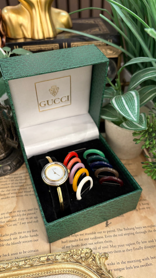 Extremely Rare Gucci Interchangeable Bezel Bangle Watch with Metal Bezel Set in Gold Tone Quartz Swiss