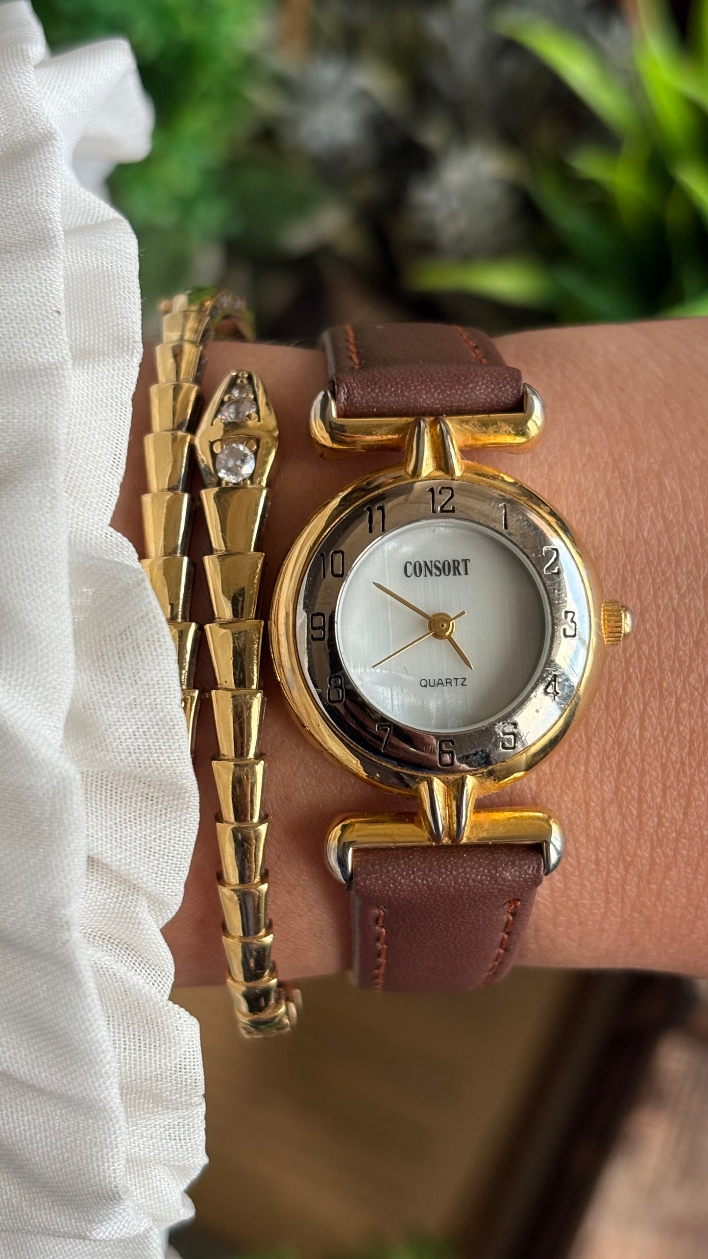 Vintage Consort Watch in Brown Leather Strap Mother of Pearl Dial