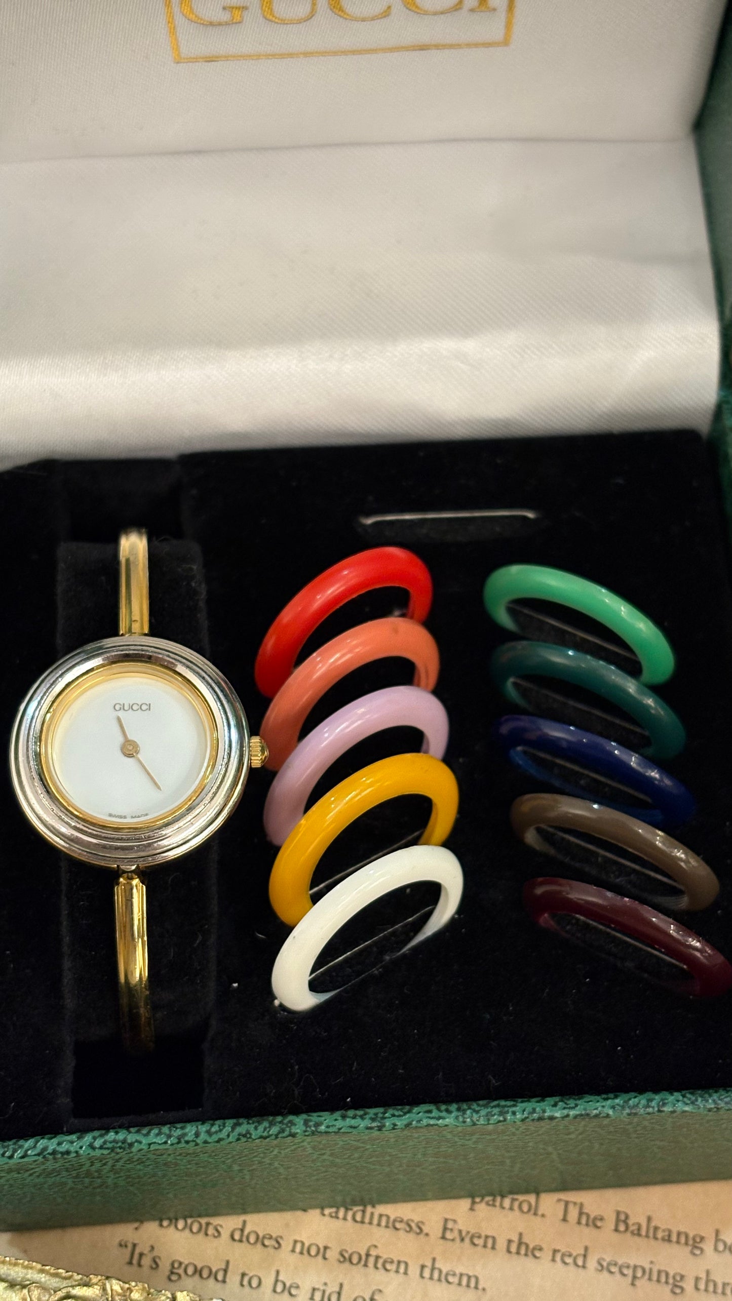Extremely Rare Gucci Interchangeable Bezel Bangle Watch with Metal Bezel Set in Gold Tone Quartz Swiss