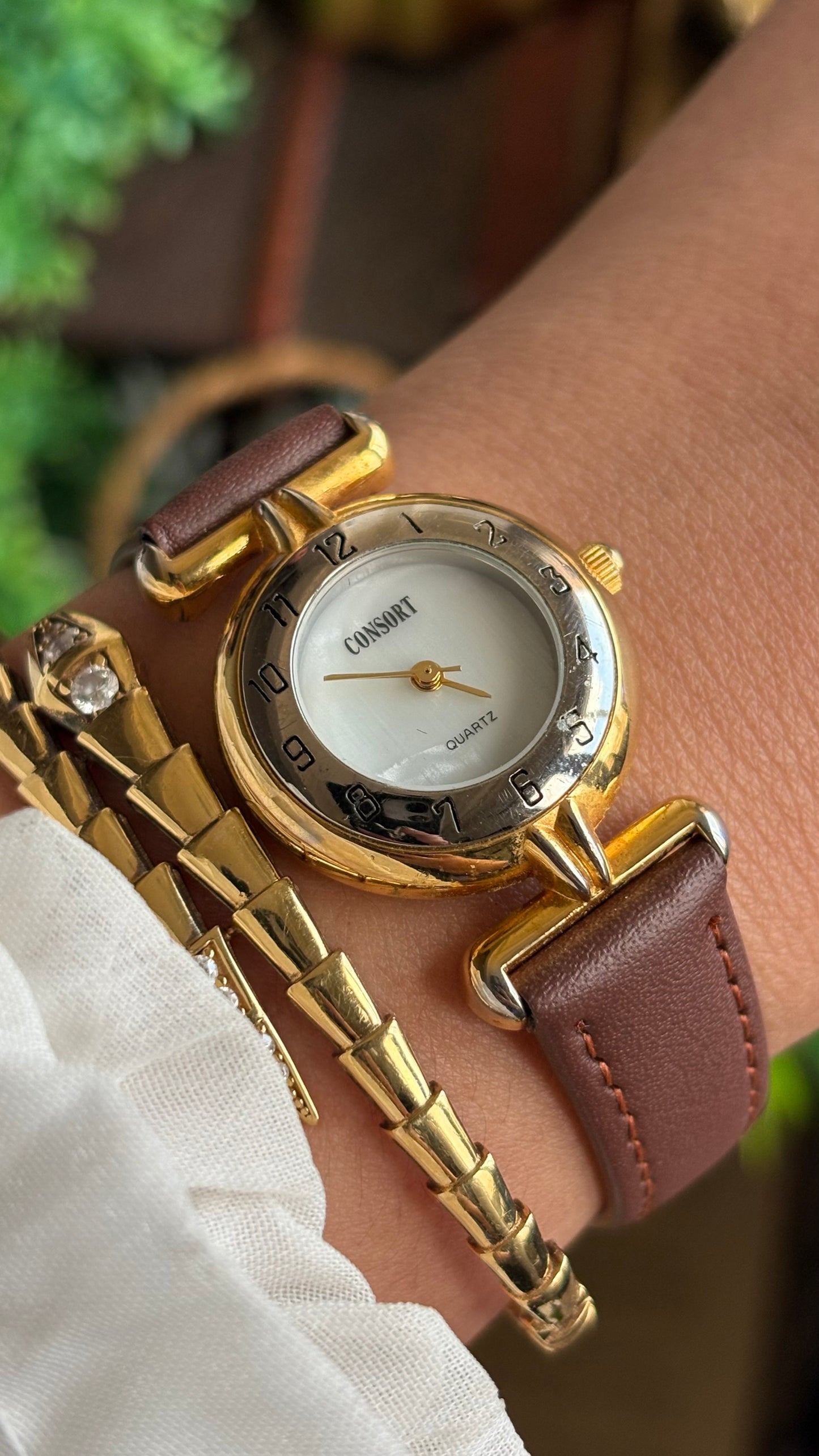 Vintage Consort Watch in Brown Leather Strap Mother of Pearl Dial
