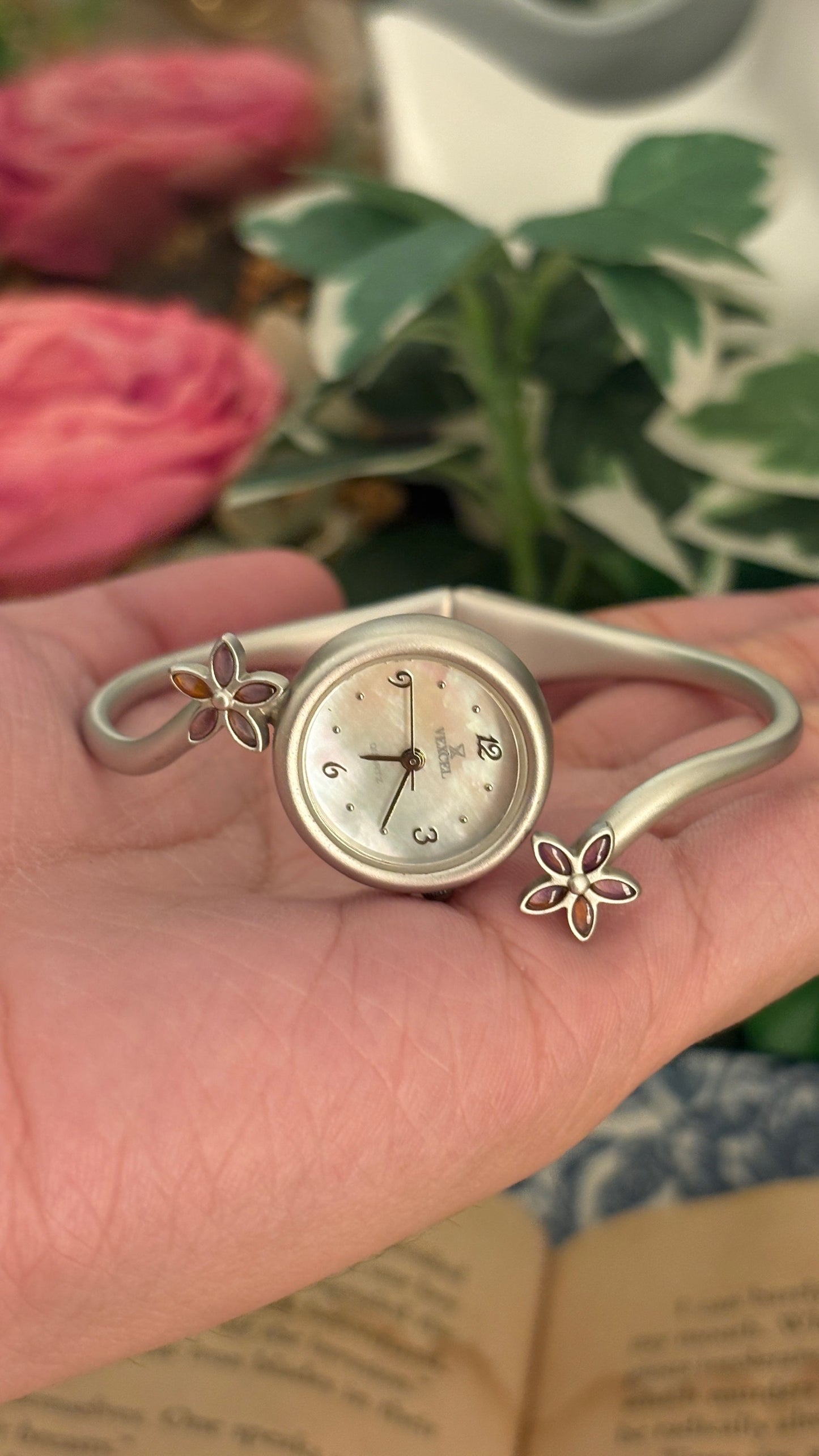 Rare Vintage Vexcel Flower Accent Mother of Pearl Dial Bangle Watch in Silver Tone Quartz