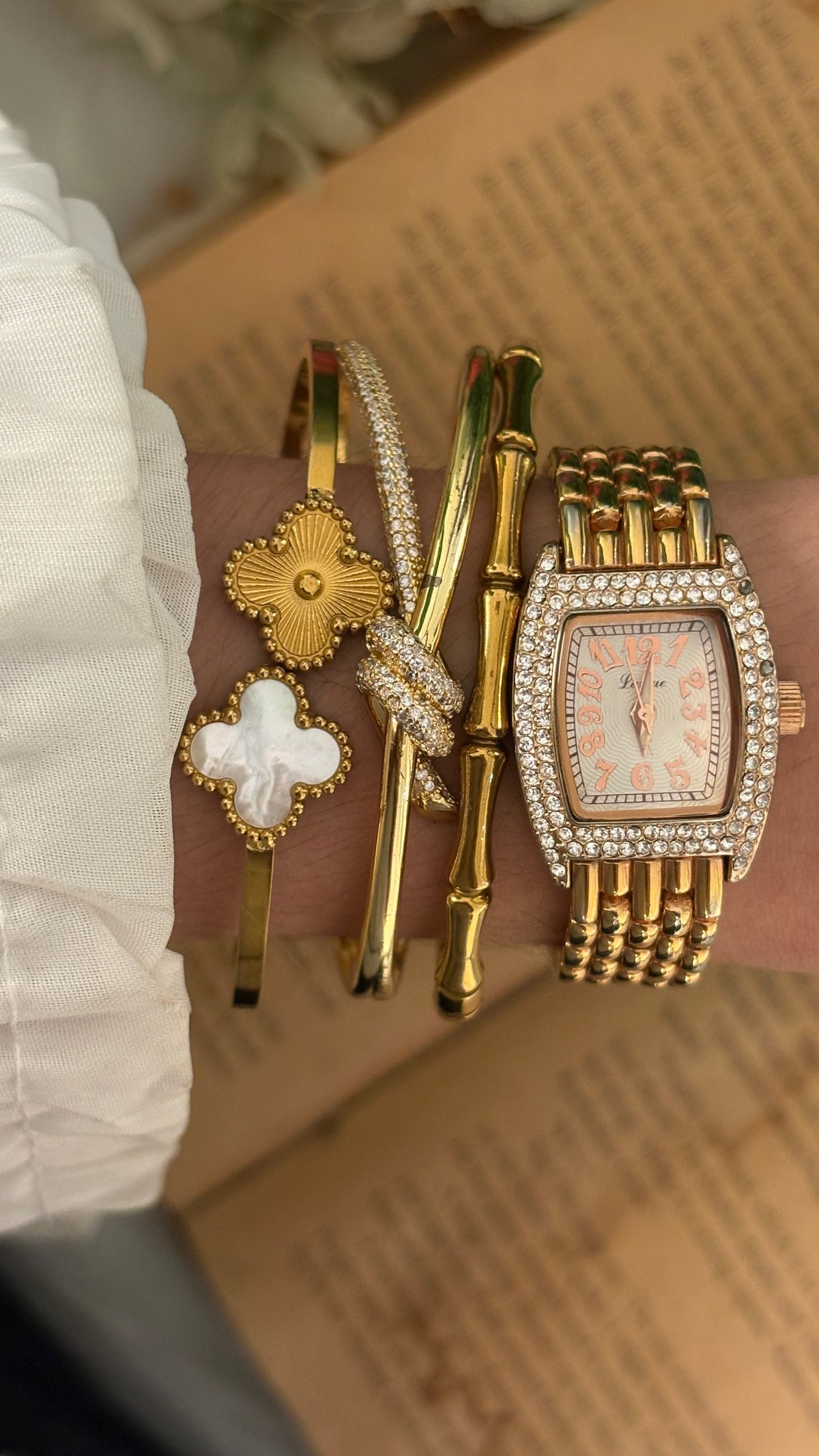Vintage Lamue J-axis Bejeweled Barrel Dial Watch in Gold Tone Quartz
