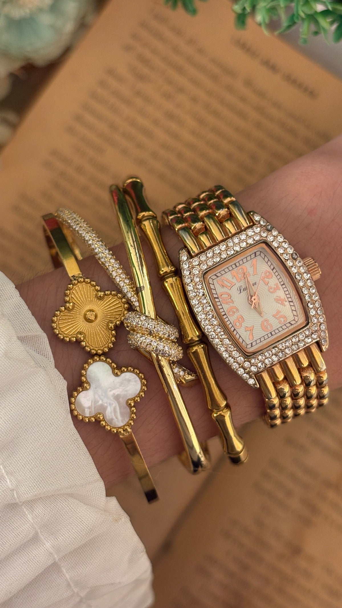 Vintage Lamue J-axis Bejeweled Barrel Dial Watch in Gold Tone Quartz