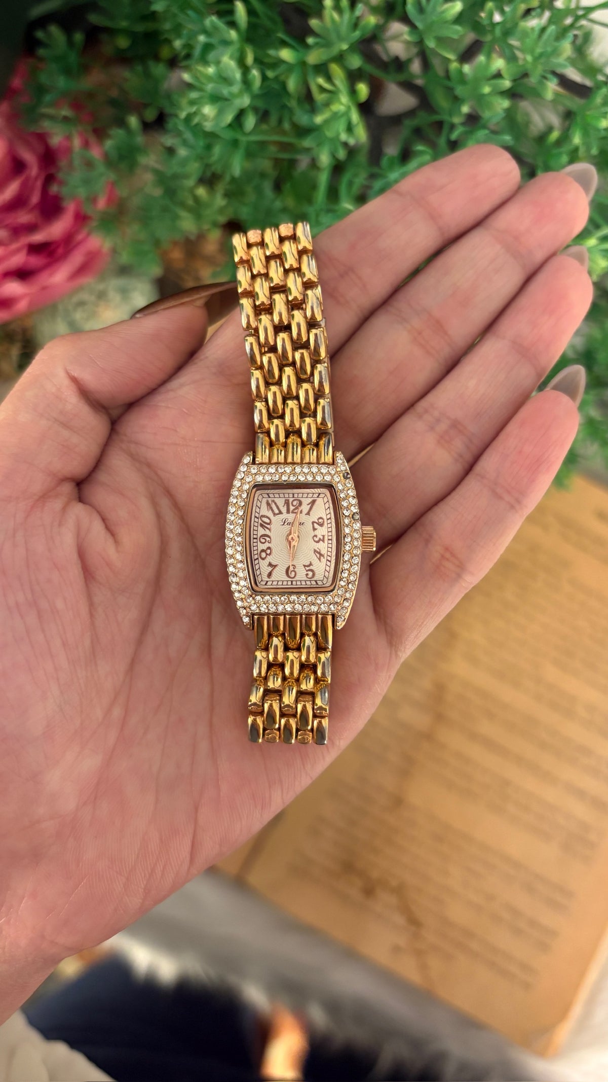 Vintage Lamue J-axis Bejeweled Barrel Dial Watch in Gold Tone Quartz