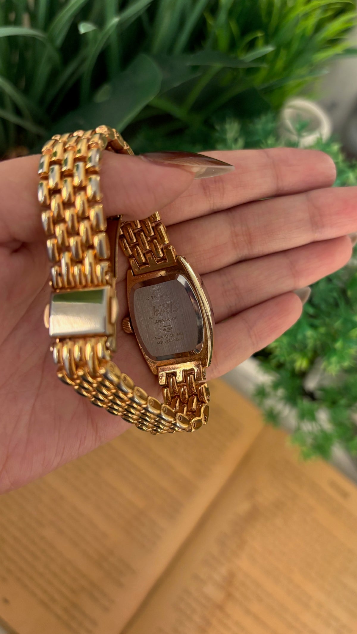 Vintage Lamue J-axis Bejeweled Barrel Dial Watch in Gold Tone Quartz