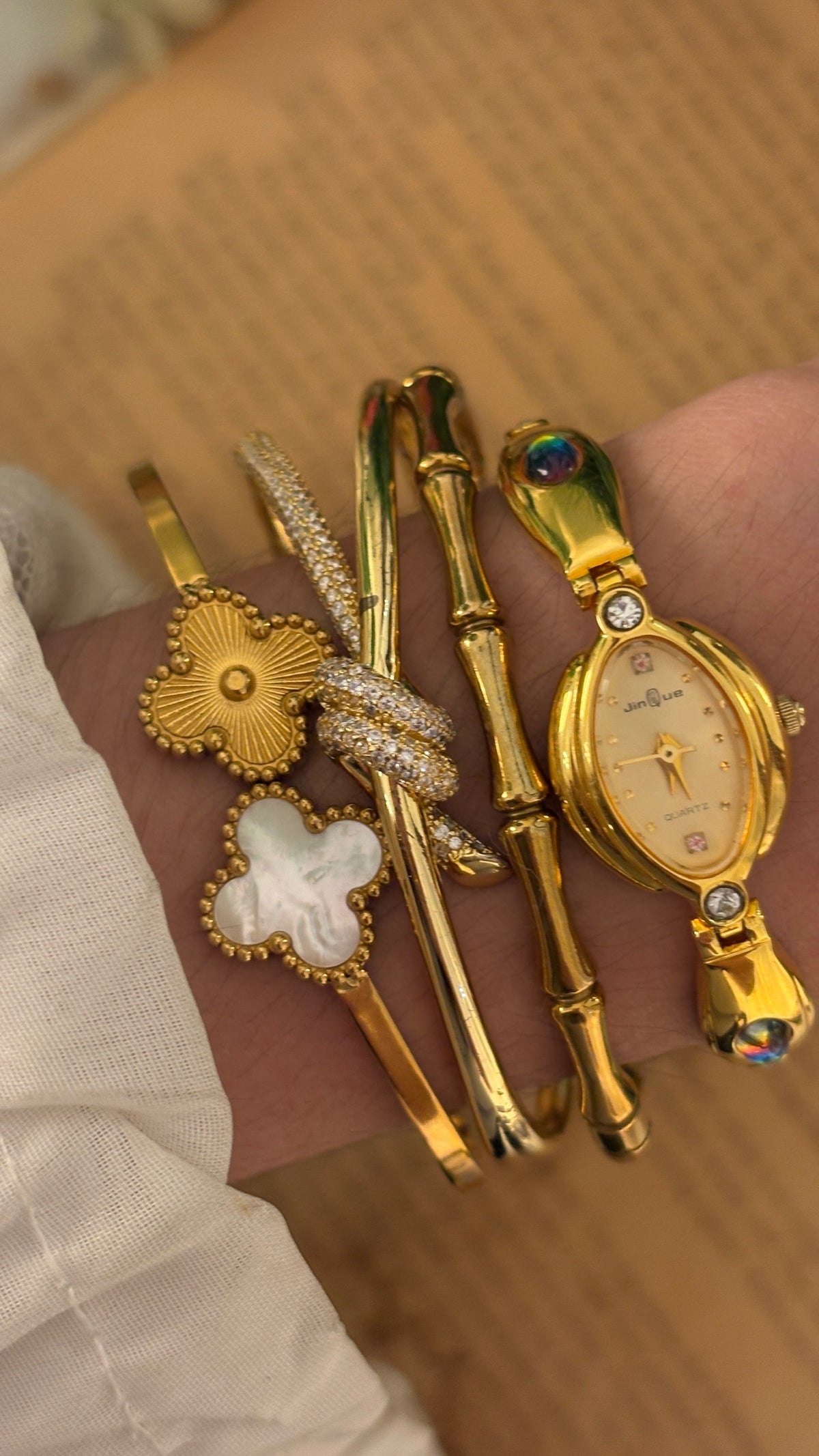 Rare Dainty Vintage Jinque Oval Dial Rhinestone Accents Bracelet Watch in Gold Tone Quartz