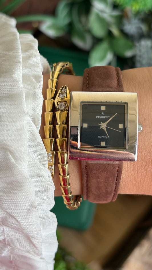 Vintage Peugeot Dress Watch in Brown Leather Strap Black Dial Square Face