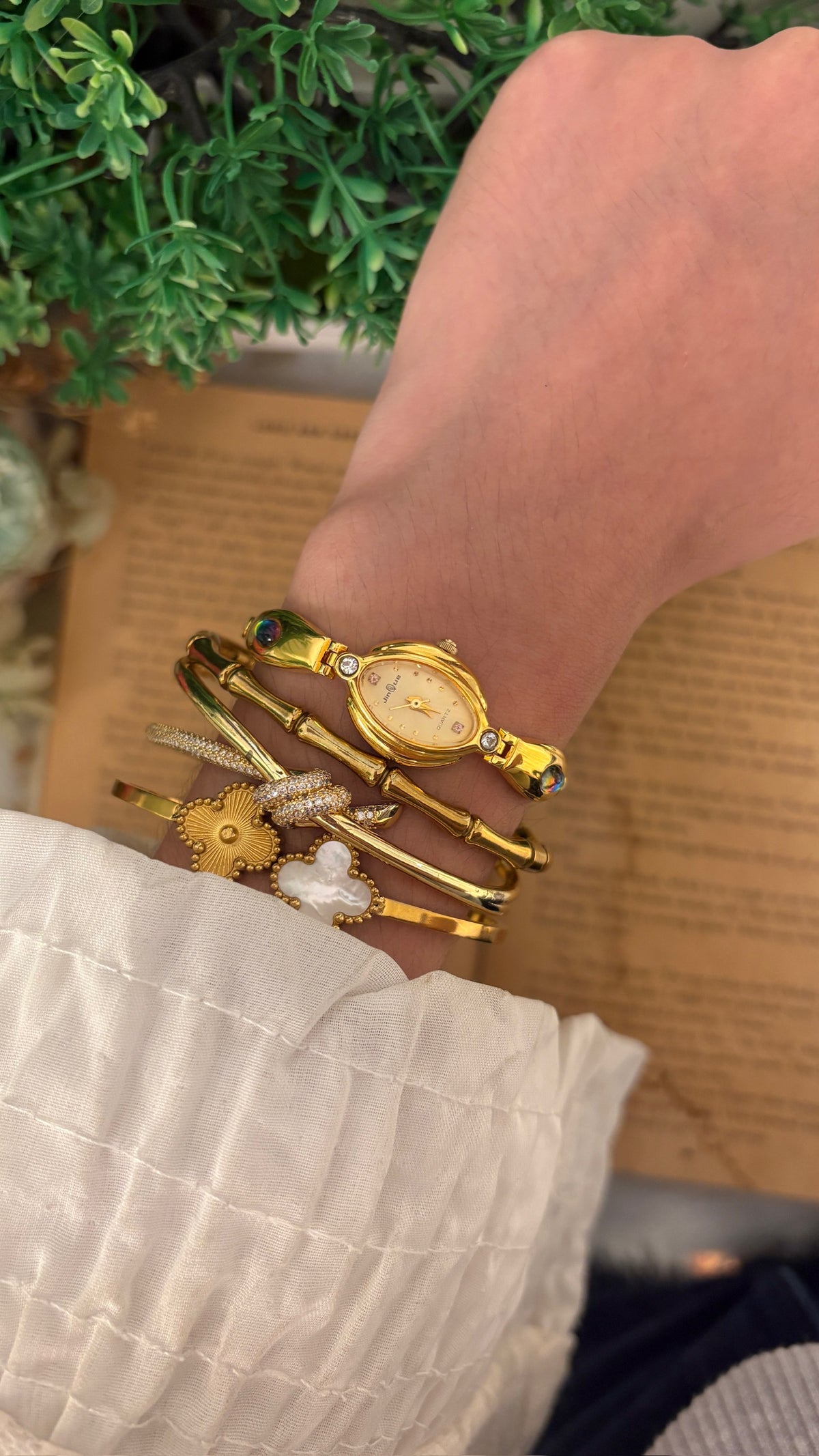 Rare Dainty Vintage Jinque Oval Dial Rhinestone Accents Bracelet Watch in Gold Tone Quartz