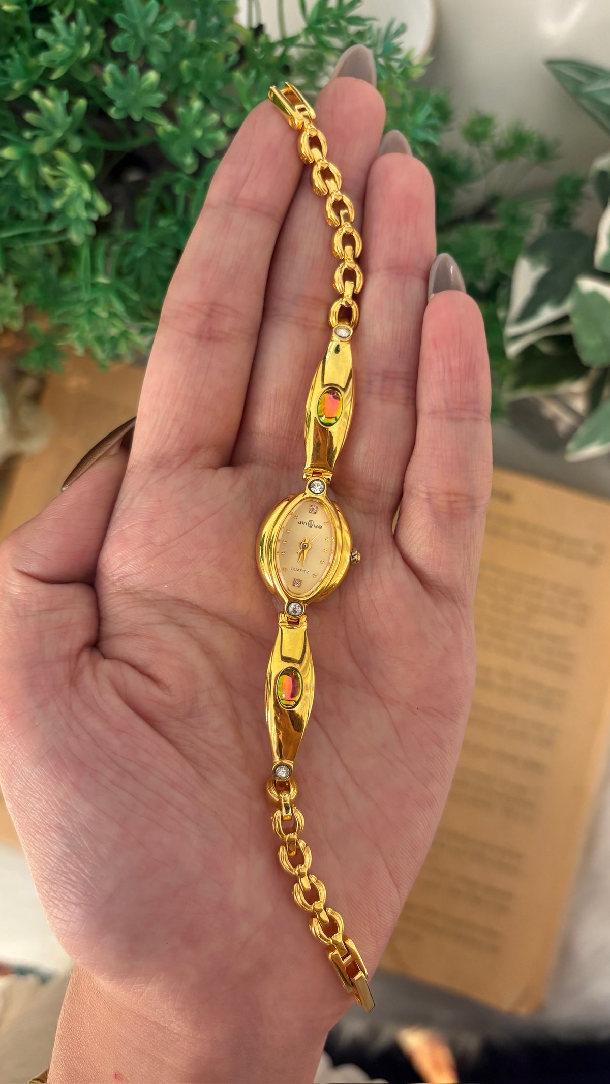 Rare Dainty Vintage Jinque Oval Dial Rhinestone Accents Bracelet Watch in Gold Tone Quartz