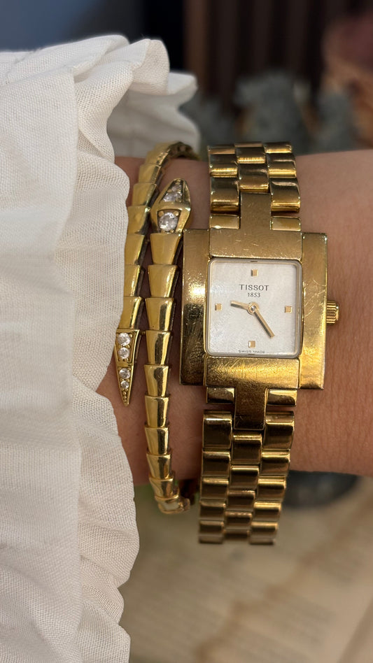 Rare Vintage Tissot Swiss Mini Tank Watch in Gold Tone Textured Dial Quartz