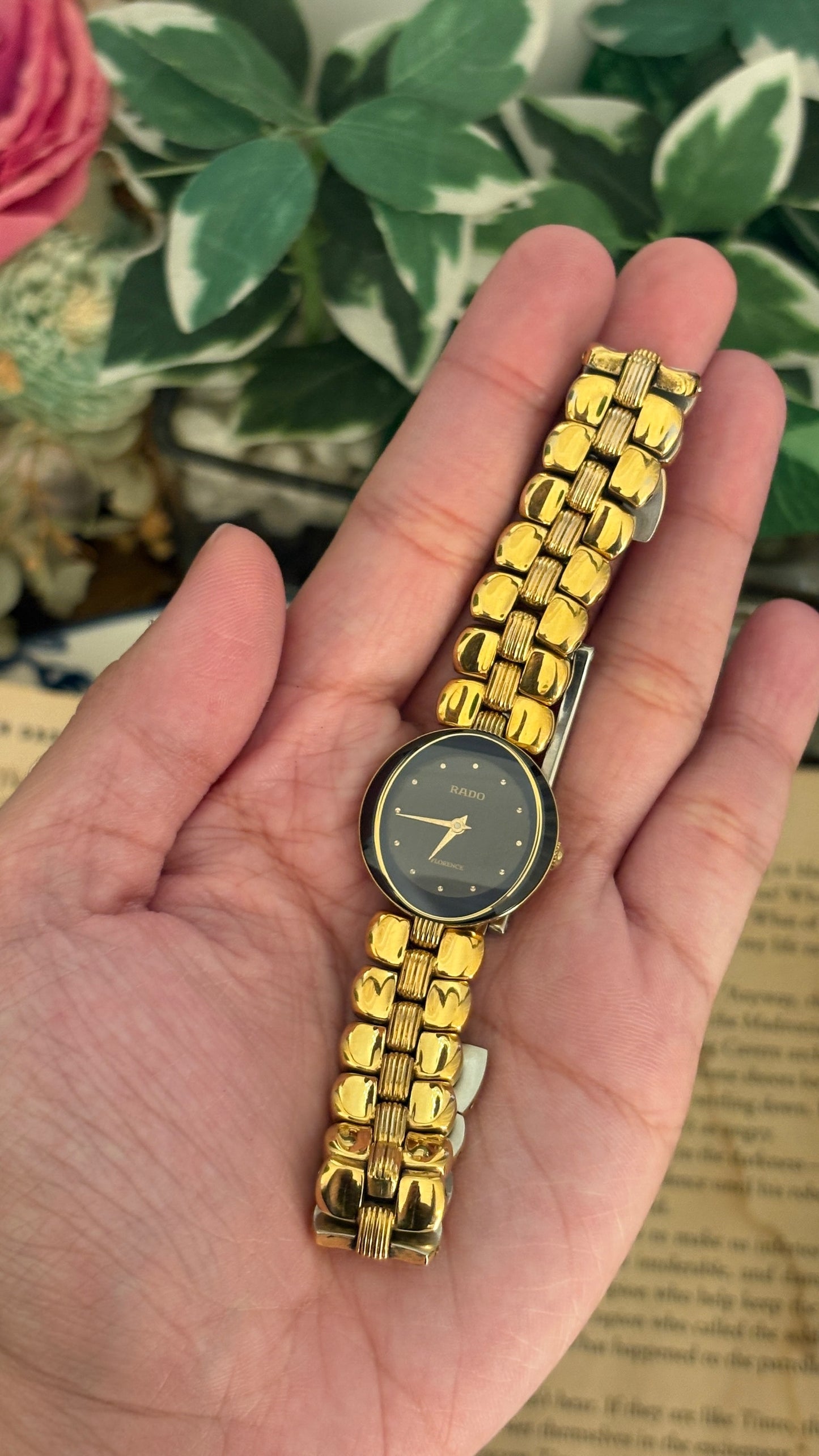 Rare Vintage Rado Florence Black Dial Bracelet Watch in Gold Tone Quartz