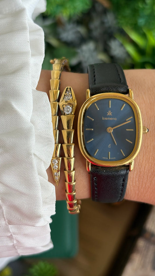 Vintage Kremena Swiss Watch in Black Leather Strap Blue Dial