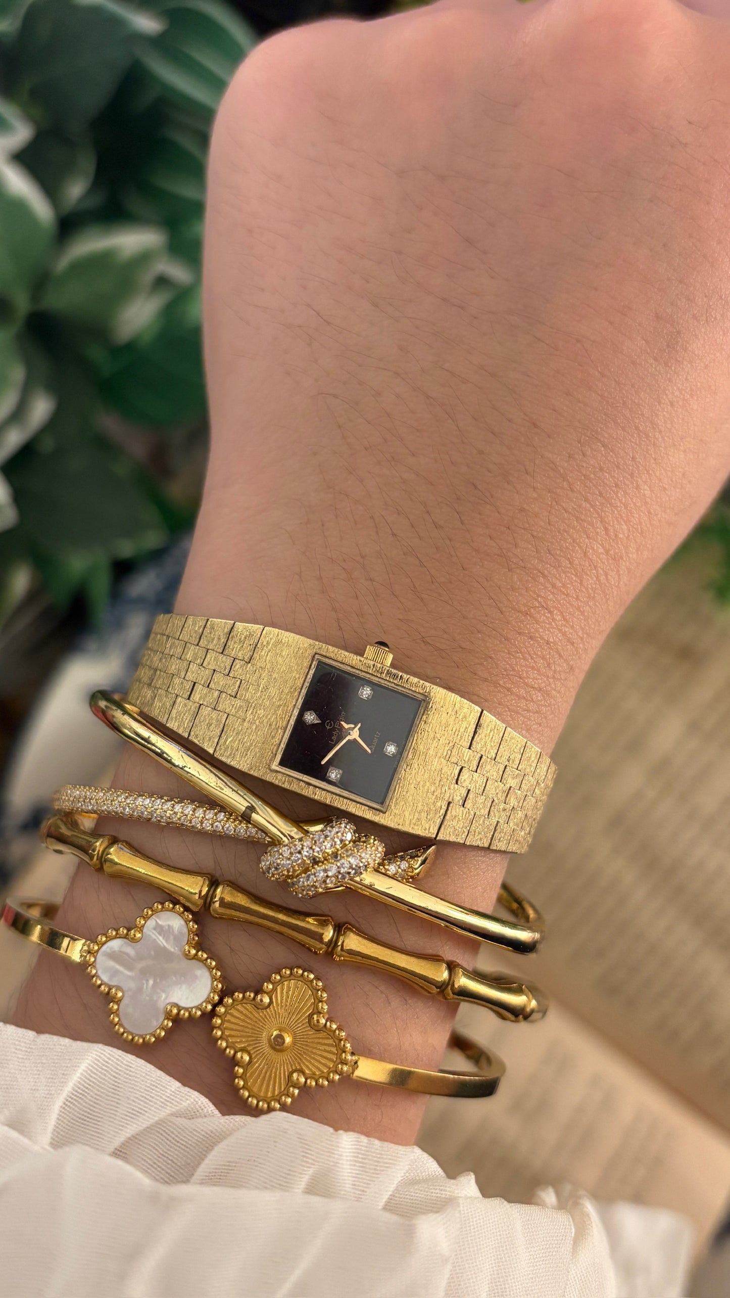 Rare Vintage Lady Elgin Black Dial Diamond Accent Dress Watch in Gold Tone Quartz