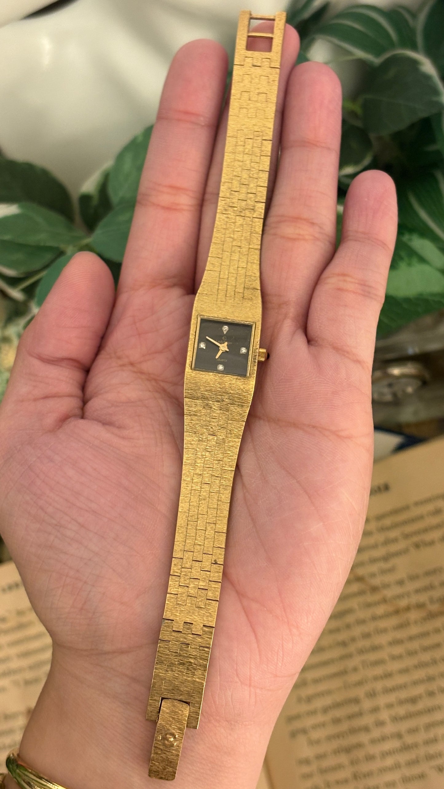Rare Vintage Lady Elgin Black Dial Diamond Accent Dress Watch in Gold Tone Quartz