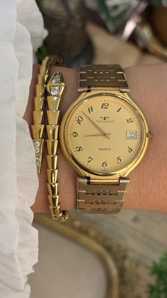 Rare Vintage Technos Swiss with Date Window Mens Dress Watch in Gold Tone Quartz