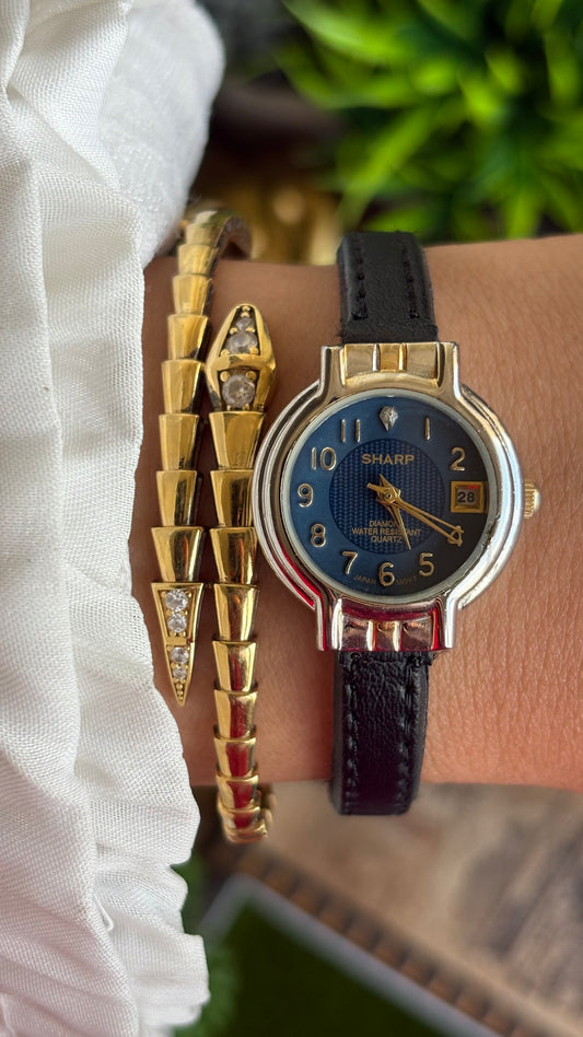 Vintage Sharp Watch in Black Leather Strap Blue Dial with Date Just