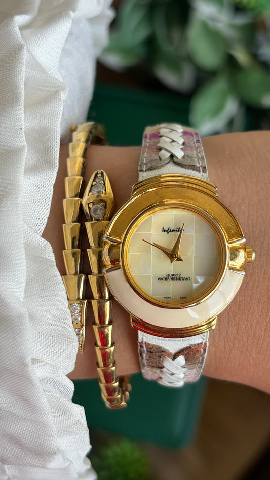 Vintage Infinity Watch Mother of Pearl Dial in Leather Strap Art Deco Style