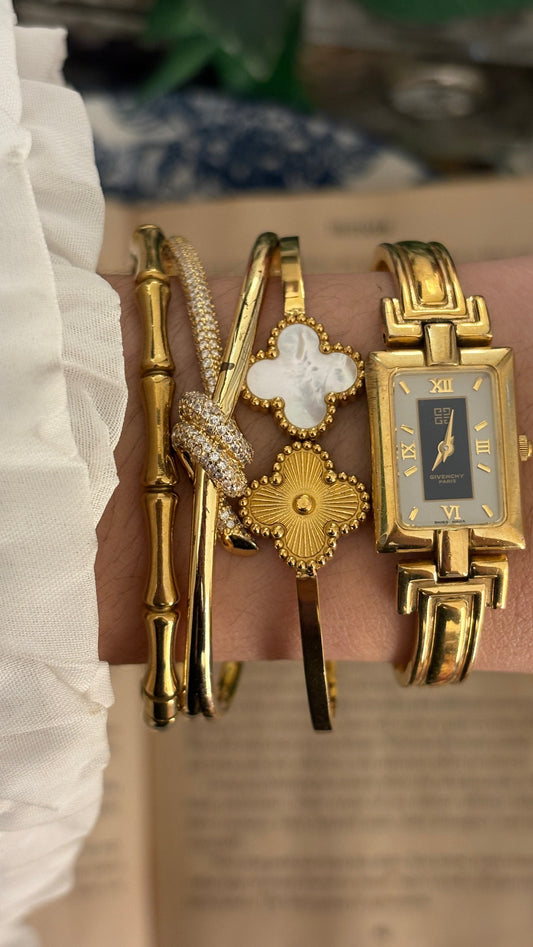 Rare Vintage Givenchy Swiss Tank Bangle Watch in Gold Tone Quartz