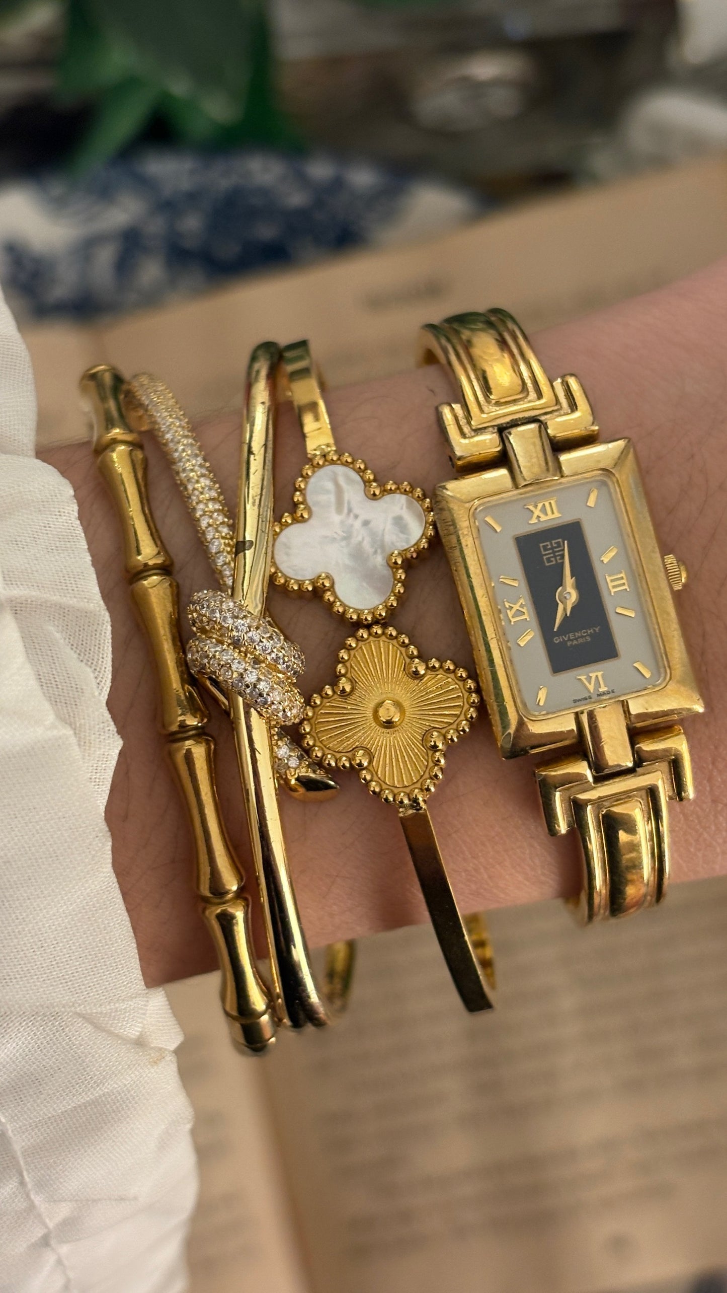 Rare Vintage Givenchy Swiss Tank Bangle Watch in Gold Tone Quartz