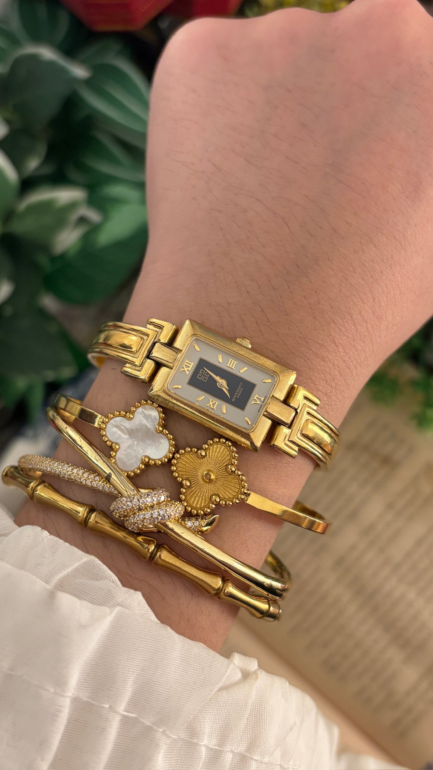 Rare Vintage Givenchy Swiss Tank Bangle Watch in Gold Tone Quartz