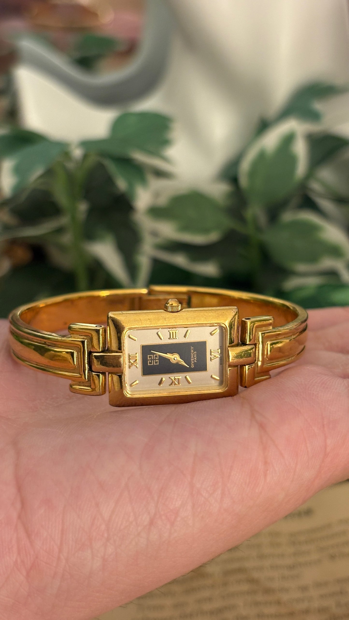 Rare Vintage Givenchy Swiss Tank Bangle Watch in Gold Tone Quartz