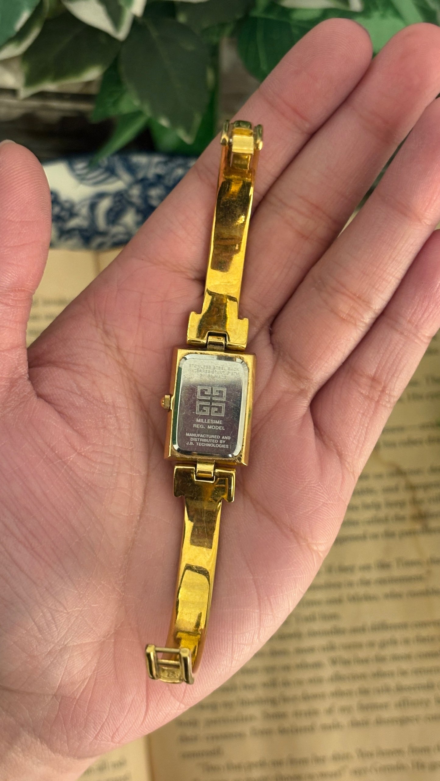Rare Vintage Givenchy Swiss Tank Bangle Watch in Gold Tone Quartz