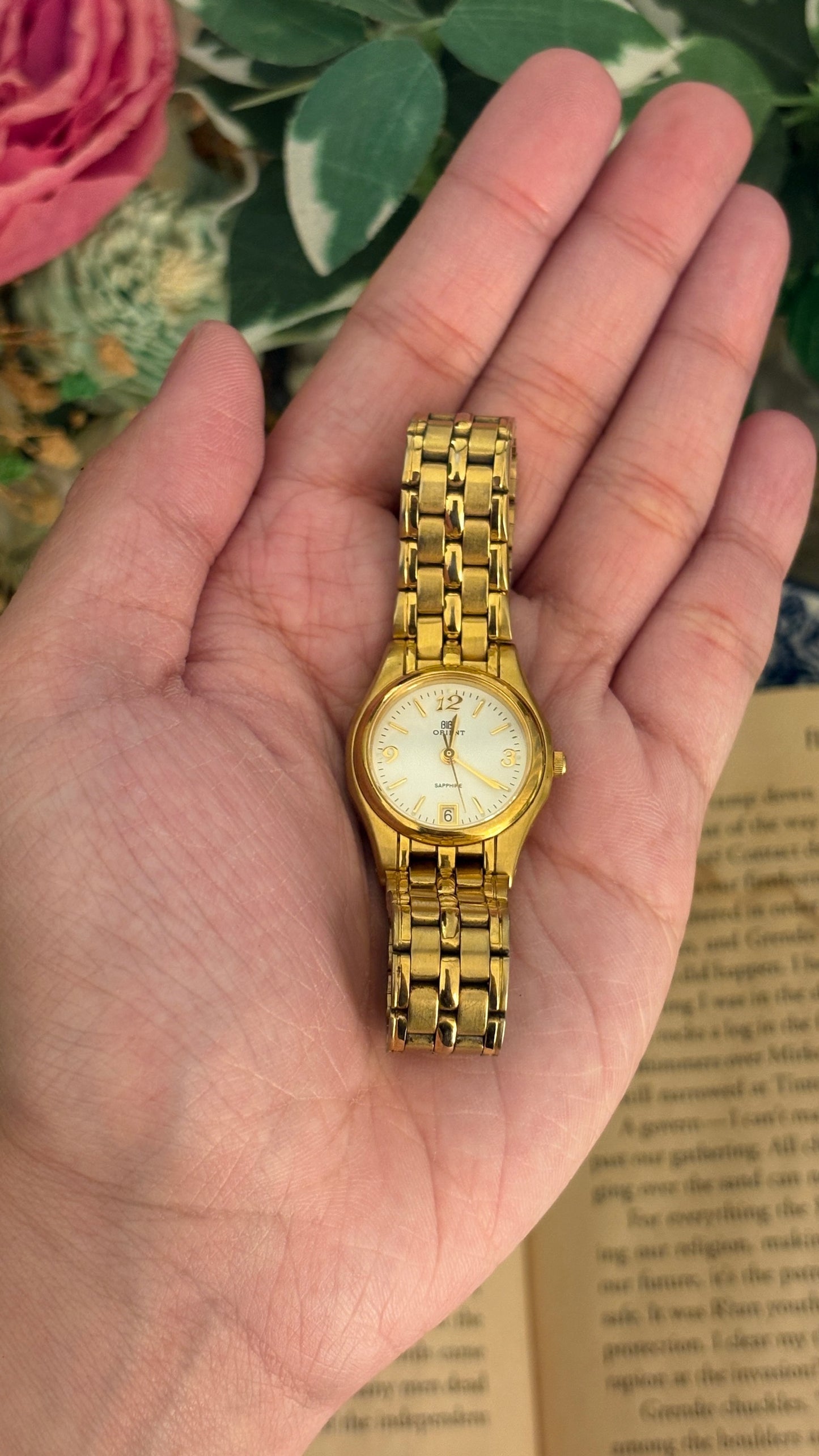 Rare Vintage Orient Seiko Sapphire Glass with Date Window Watch in Gold Tone Quartz