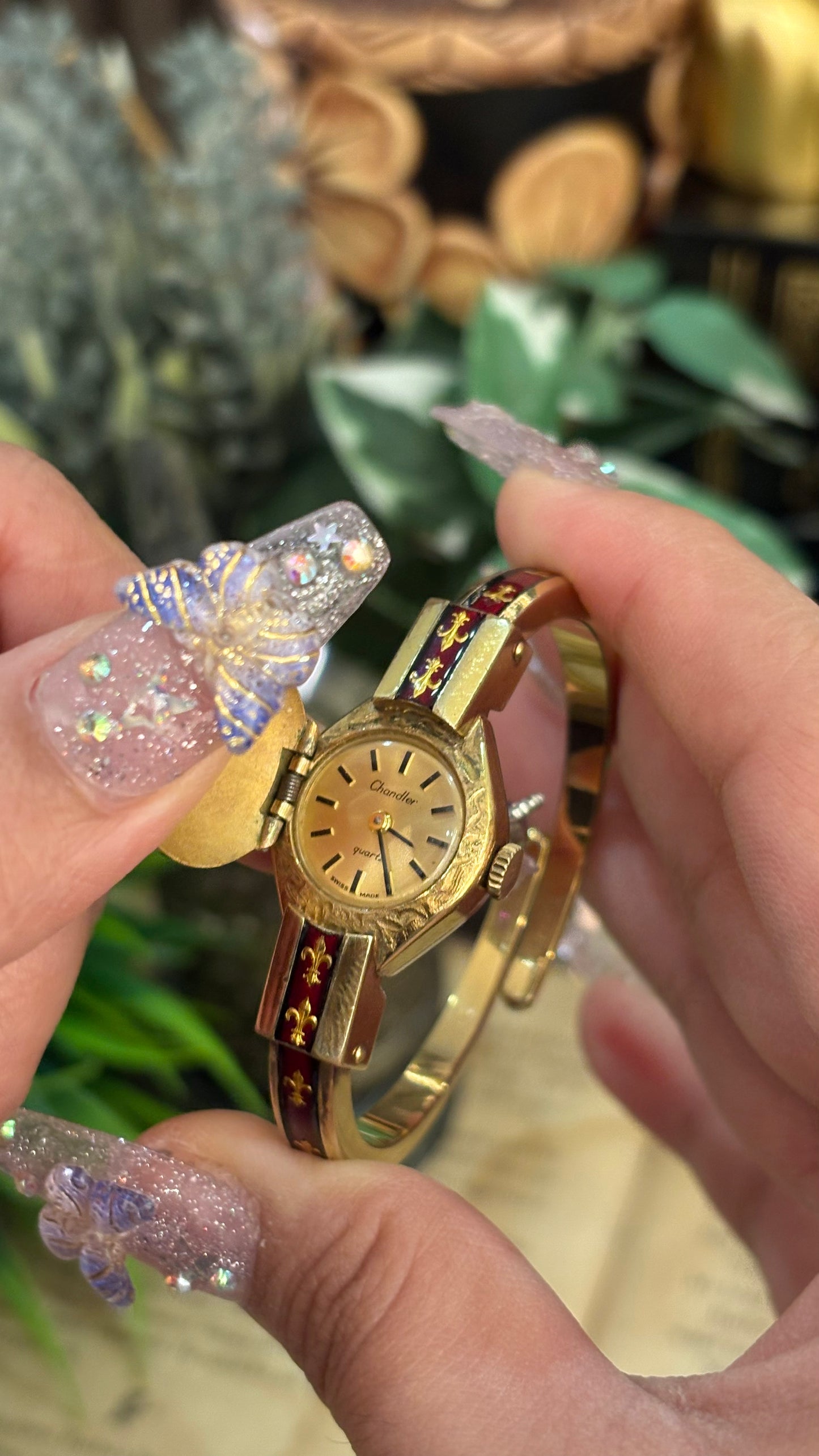 Extremely Rare Vintage Chandler Swiss Peekaboo Watch Deep Crimson Gold Fleur-de-lis Accent