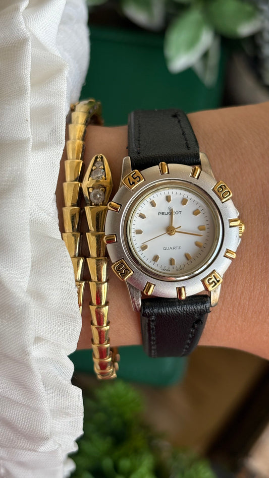 Vintage Peugeot Watch in Leather Strap Rotating Bezel