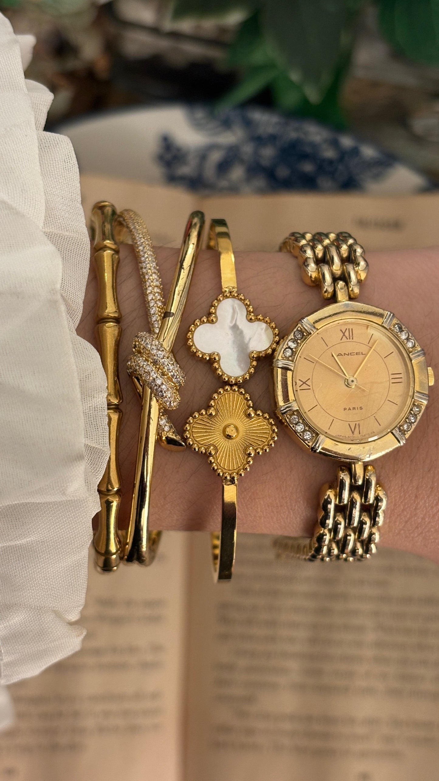 Vintage Lancel Bedazzled Bezel Bracelet Watch in Gold Tone Quartz