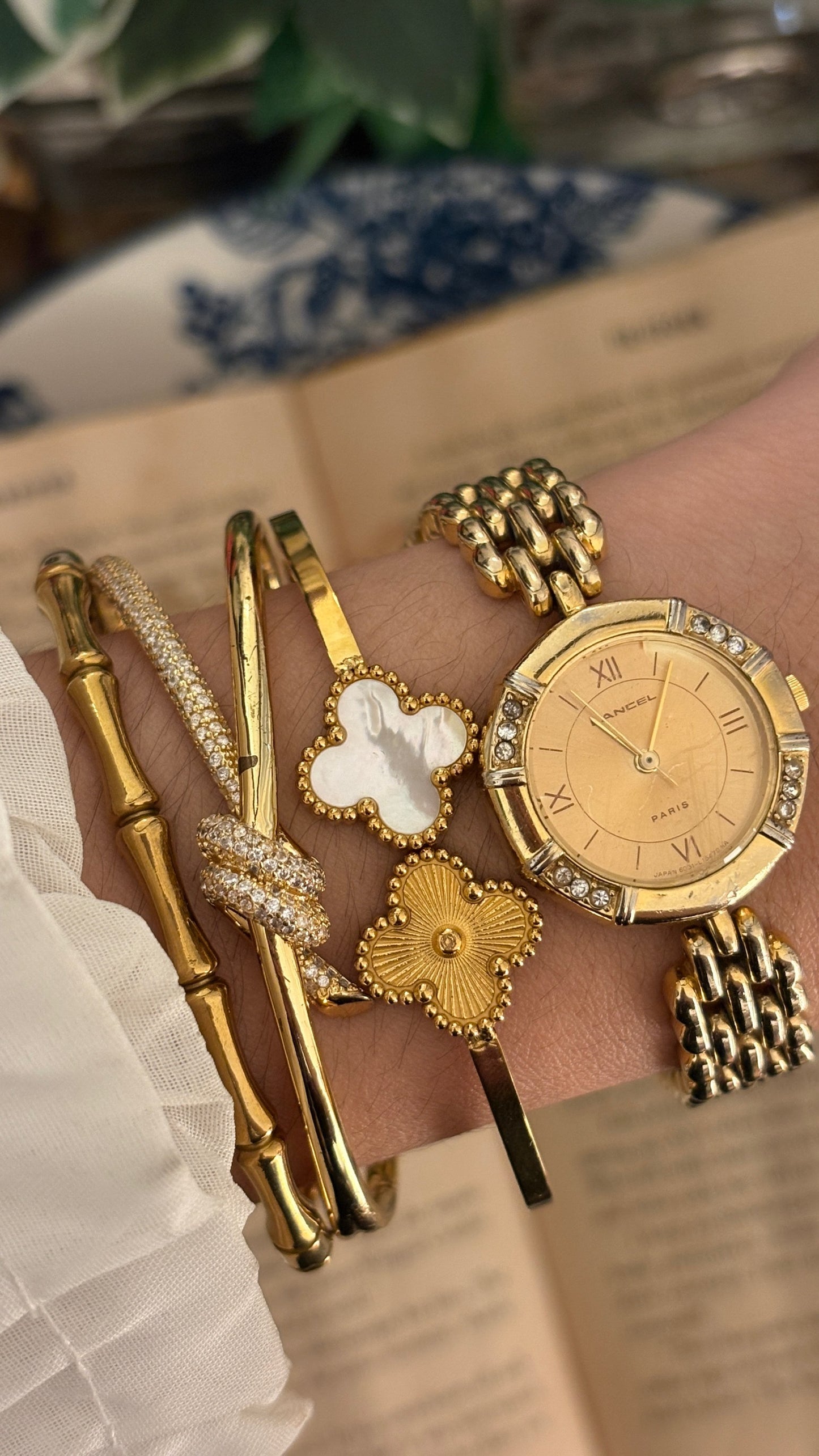Vintage Lancel Bedazzled Bezel Bracelet Watch in Gold Tone Quartz