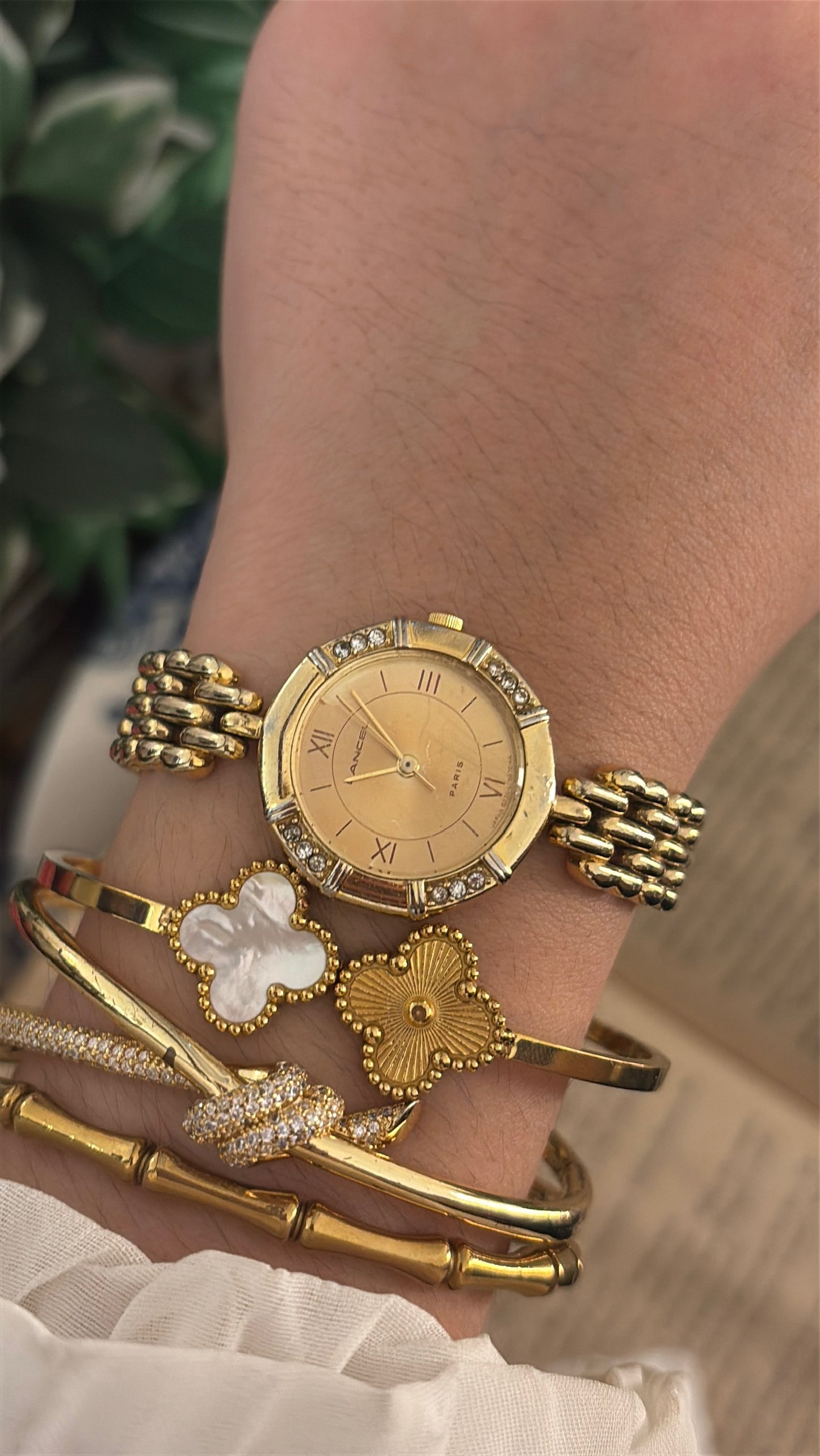 Vintage Lancel Bedazzled Bezel Bracelet Watch in Gold Tone Quartz