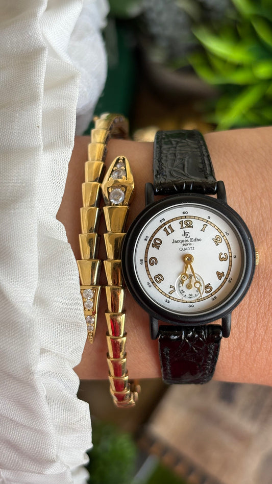 Vintage Jacques Edho Watch in Black Leather Strap Working Chrono
