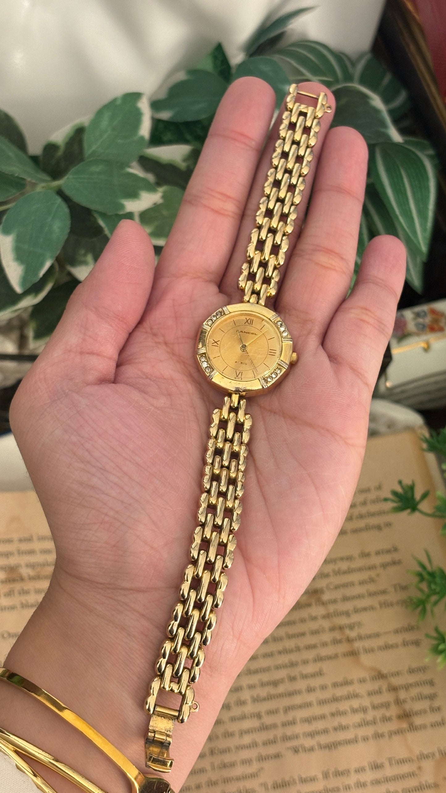 Vintage Lancel Bedazzled Bezel Bracelet Watch in Gold Tone Quartz