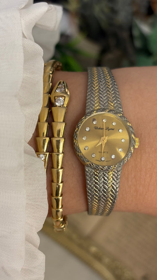 Rare Vintage Urban Lynx Rhinestone Indices Dress Watch in Two-Tone Quartz