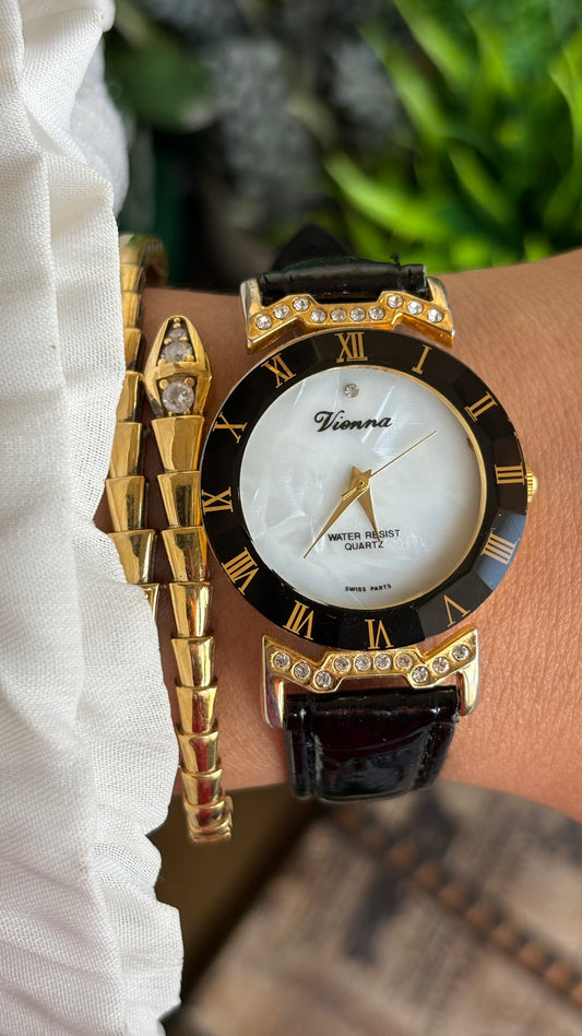 Vintage Vienna Swiss Watch in Black Leather Strap Roman Bezel Mother of Pearl Dial