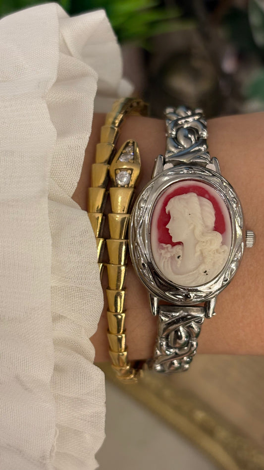 Extremely Rare Vintage Marba Red Cameo Peekaboo Watch in Silver Tone Quartz