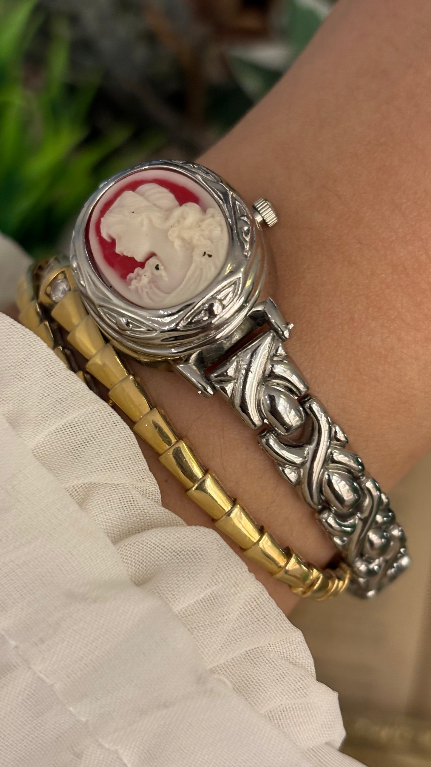 Extremely Rare Vintage Marba Red Cameo Peekaboo Watch in Silver Tone Quartz